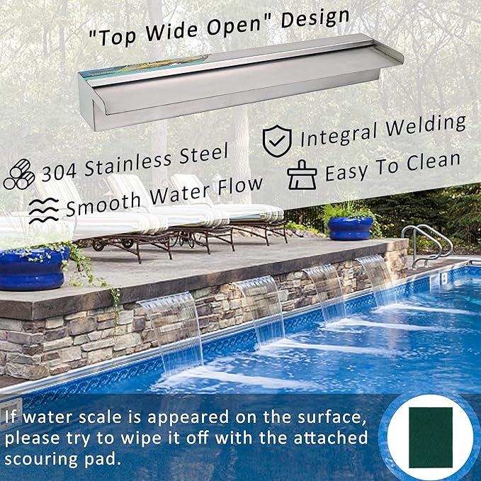 YUDA 36 Inch Water Pool Fountain, 304 Stainless Steel Pool Waterfall with Wider Water Flow Platform, Professional Waterfall Spillway for Sheer Descent Garden Outdoor