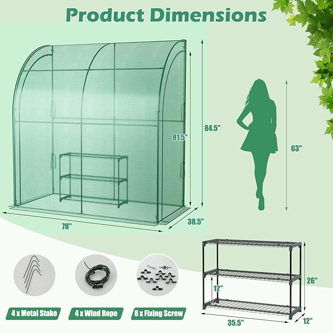 SAFSTAR 7 x 3.5 x 7 ft Greenhouse, Mini Lean-to Walk-in Green House with 3 Tiers Flower Rack & Weatherproof PE Cover, Roll-up Zipper Doors, Indoor Outdoor Garden Greenhouse for Seedling & Pot