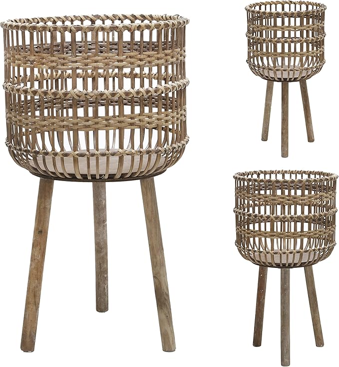 Sagebrook Home Set of 3 Wooden Planter Stands Bamboo Decorative Flower Pots for Indoor Outdoor Use, Rustic Woven Plant Holders with Legs for Home & Garden Decor, 19", 22"& 26" H