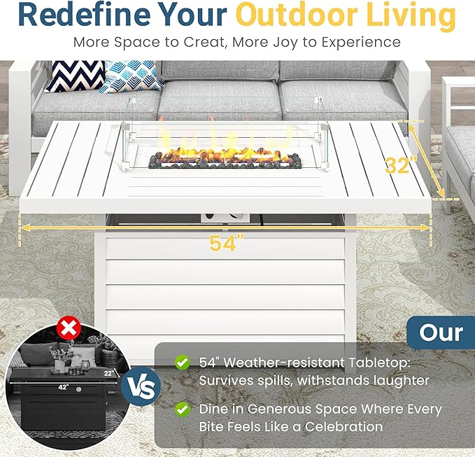 Wisteria Lane Aluminum Patio Furniture Set, 4 Piece Metal Outdoor Furniture Set with CSA Certified 54in Propane Gas Fire Pit Table, Patio Conversation Set with 5in Olefin Cover Cushions (White)
