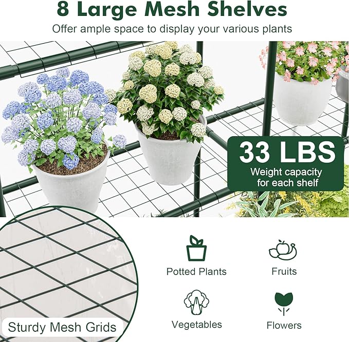 Happygrill Greenhouse, Portable Greenhouses for Outdoors w/8 Shelves, Roll-Up Zippered Door, 2 Observation Windows & 2 Tiers, Weather-Proof PE Cover, Wind Rope (Transparent, 55” x 57” x 77”)