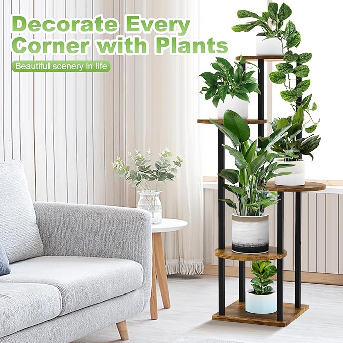 YOCOMEY 5 Tier Wood Tall Plant Stand Metal Rack Indoor, Multiple Flower Pot Holder Shelves Corner Rack, Round Planter Shelf Display Rack Storage Organizer for Patio Living Room Balcony(Black)
