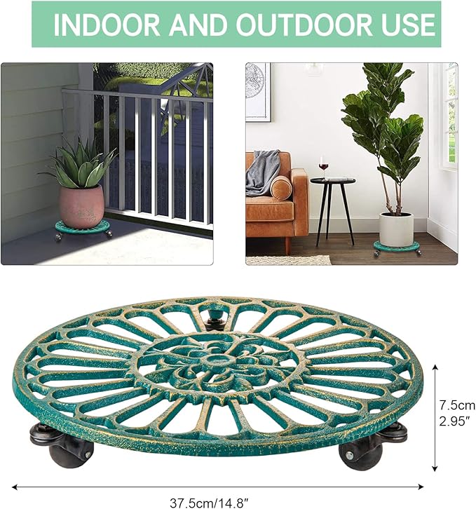 Sungmor Cast Iron Plant Caddy with Wheels, 2PC 14.8" Large & Heavy-duty Rolling Plant Stands, Pretty Garden Pots Tall Planter Dolly, Round Flower Pot Mover Metal Plant Pallet Trolley Tray with Casters