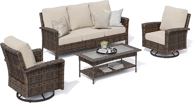 HERA'S HOUSE High Back Patio Furniture Set with Swivel Chairs, Outdoor Wicker Conversation Sets with 5.5" Comfy Cushions, 4 Piece Outside Sofa Sets, Beige