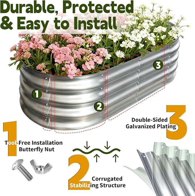 Galvanized Raised Garden Bed Outdoor, Large Raised Bed for Gardening, 4x2x1ft Oval Metal Planter Box for Vegetables, Fruits, Flowers, Silver