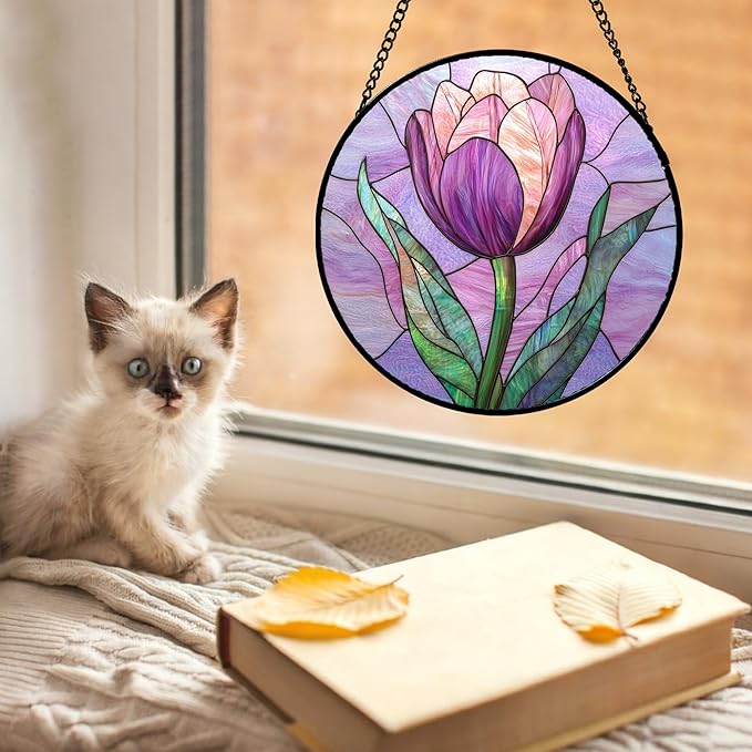 Stained Glass Window Hanging Purple Tulips Flower Large 11.8" - Suncatcher Door Garden Sun Catcher Home Decor Birthday Mother's Day for Mom Men Woman Parents Her Nana Friend