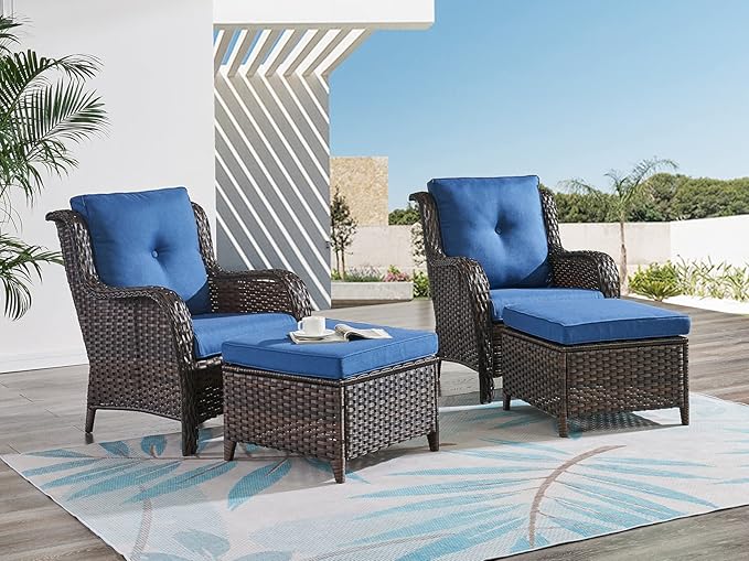 HUMMUH 4 Pieces Patio Bistro Set Wicker Patio Chairs Set of 2 with Ottomans Rattan Outdoor Furniture Conversation Set for Yard,Garden,Porch…