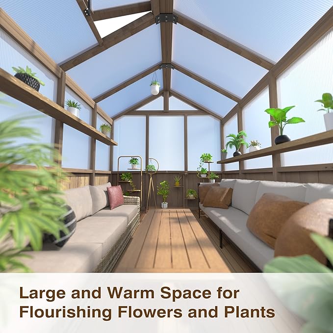 Mupater 6 x 8 FT Wooden Polycarbonate Greenhouse with Ventilated Window and Lockable Door, Walk-in Greenhouse for Backyard, Patio, Lawn, Brown