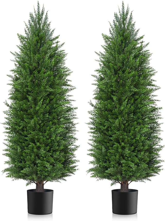 AOKIIE 4FT Artificial Topiary Cedar Plants Outdoor, Faux Pine Trees UV Resistant and Potted, 48 Inch Tall Fake Shrubs Evergreen for Front Porch Decor Set of 2