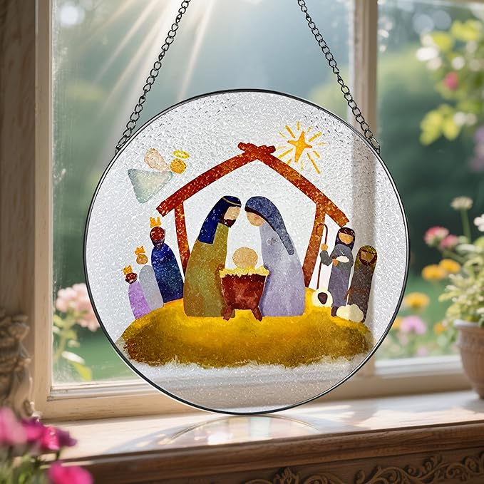8'' Stained Glass Window Hanging, Nativity Scene Ornament, Christian Ornament, Holy Family Decoration, Religious Holiday Decor, Gift for Christmas, Religious Gifts, Christian Gifts