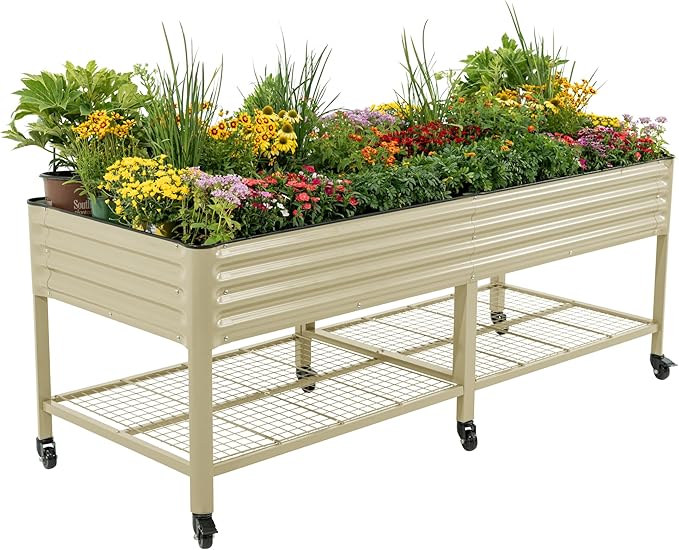 Rolling Elevated Raised Garden Bed - Jumbo Series, 3' x 8' Outdoor Planters Boxes with Legs & Storage Rack for Patio, 2000+ Lbs Weight Capacity, Raised Beds for Gardening Herbs Flowers, Pearl White