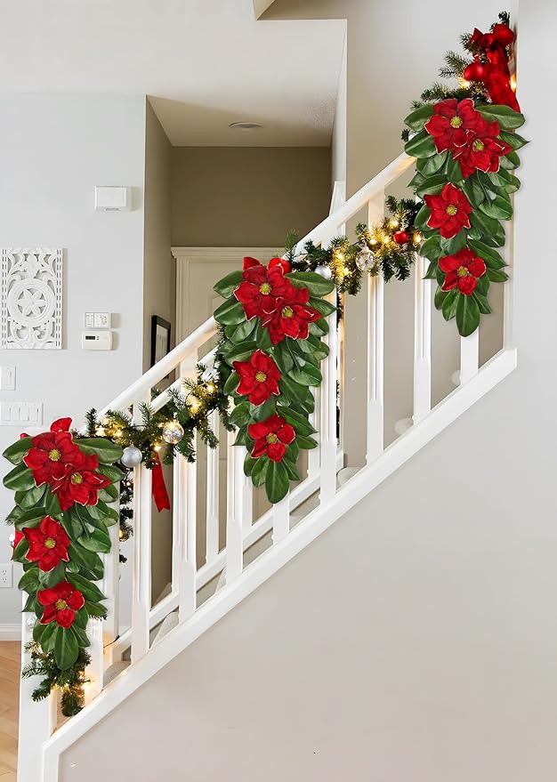 Christmas Poinsettia Teardrop Swag – 28" Artificial Magnolia Leaf Hanging Door Decoration – Holiday Front Door, Fireplace & Stairway Décor for Wedding Christmas Thanksgiving