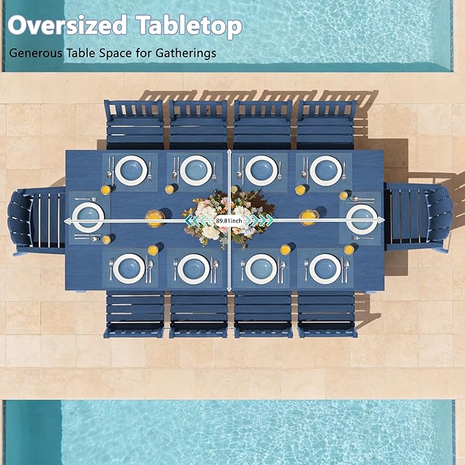 11-Piece Patio Dining Set for 10, HDPE All-Weather Outdoor Furniture with Umbrella Hole Table, 89.76” Oversized Table, 2 Armchairs & 8 Armless Chairs, Navy