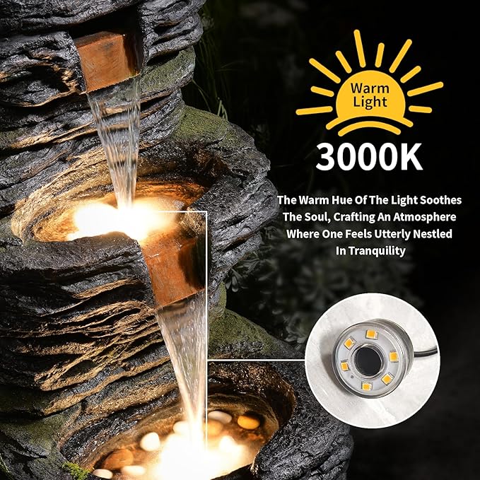 3 Tier Cascading Rock Water Fountain Outdoor Garden,28.74" H Natural Look Outdoor Fountains and Waterfalls with LED Lights for Patio, Deck, Porch, Backyard, Outside and Indoor Home Decor