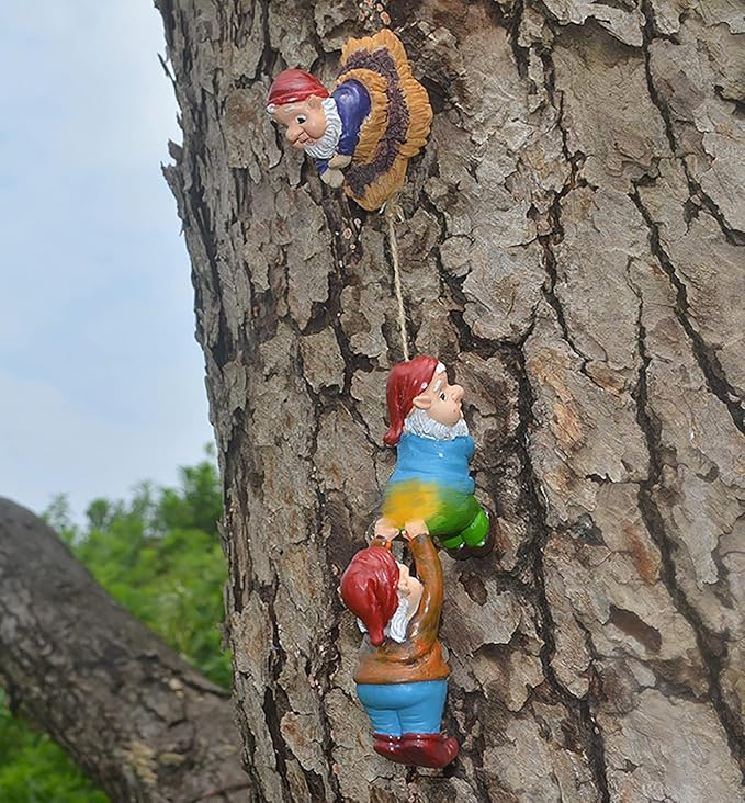 Teaeeno Gnome Climbing Tree and Tree Stump Decor,Garden Gnome Statue Set,Vivid Fairy Gnome Outdoor Sculpture,Whimsical Gnomes Miniature Figurines,Micro Gnome Landscape Figurine for Lawn Balcony Patio