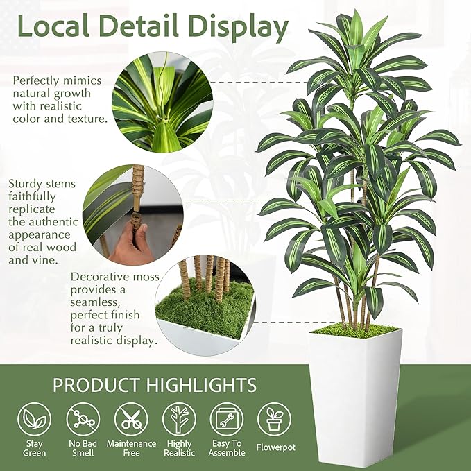 Realistic Artificial Indoor Plant Tree - Tall Fake Dracaena Potted Plant for Home Office Decor, Living Room & Bedroom - Lifelike Faux Plant Tree with Pot-Palm(White, 5FT)