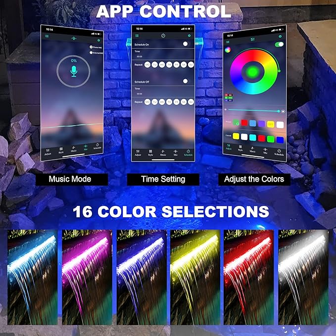 PONDO Pool Waterfall 12" APP with 16 Colors LED Lights, Stainless Steel Pond Fountain Set for Outdoor Decorations, Patio Waterfall Spillway Kit on The Wall for Garden, Easy Installation