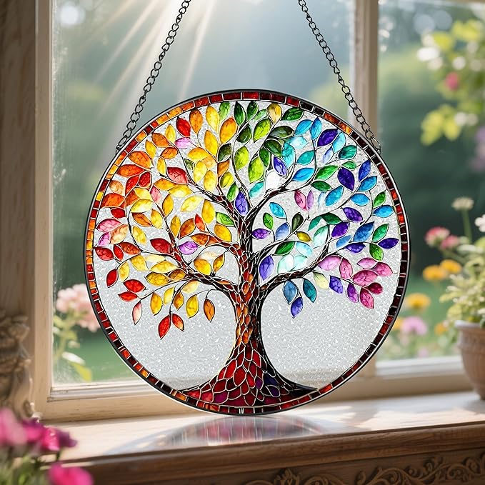 LAOWEIKI 8'' Tree of Life Sun Catcher Ornament, Stained Glass Window Hanging, Suncatchers for Windows Hanging Ornaments, Window Decor | Housewarming Gift, Gifts for Mom & Grandma