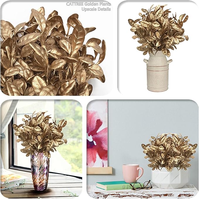 CATTREE Artificial Plants for Christmas Decor, Golden Plastic Grass Fake Leaves Shrubs Simulation for Indoor Outdoor Home Garden Party Hall Office Table Décor Planter Filler Gold Plant 3 Pack