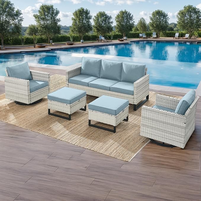 Rilyson Wicker Outdoor Patio Furniture Set - 5 Piece Patio Conversation Set with 2 Swivel Rocker Chairs,2 Rattan Ottoman and 1 Couch for Outside Porch Deck Backyard Garden(Light Grey/Sky Blue)