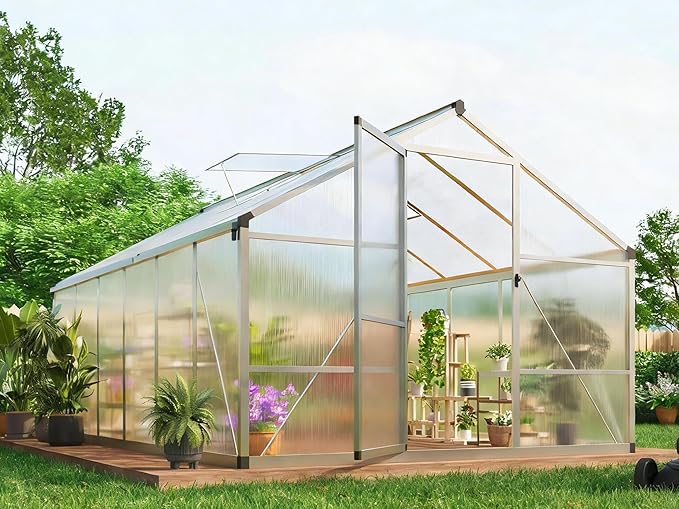 8X12FT Outdoor Greenhouse, Aluminum Polycarbonate Green House, Green Houses for Outside with Sliding Doors, Ajustable Roof Vent, Withstands Bad Weather for Garden, or Backyard, Silver