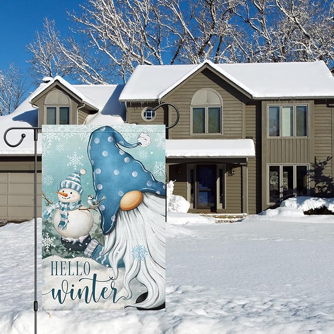Heyfibro Hello Winter Gnome Garden Flag 12x18 Inch Double Sided Burlap Snowman Snowflakes Yard Banner for Christmas Seasonal Outside Outdoor House Decoration (ONLY FLAG)