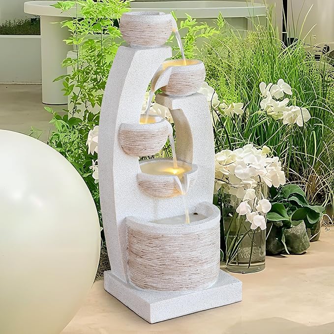 Qingyinge 33'' H Modern Outdoor Fountain Resin Outdoor Garden Fountains with Contemporary Design LED Light for Garden, Patio, Deck, Porch, Backyard and Home Art Decor
