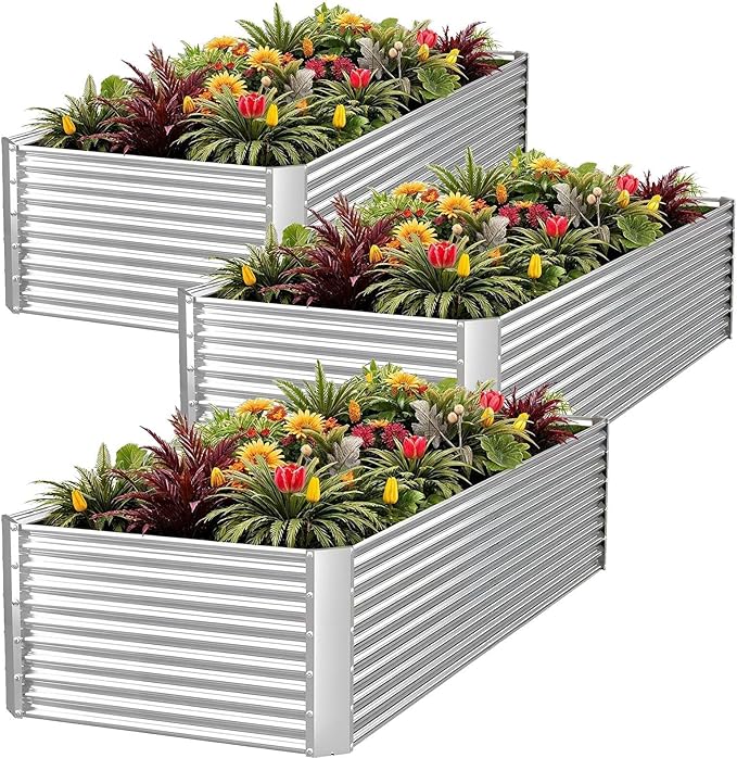 FRIZIONE 3pcs Tall Galvanized Raised Garden Bed Outdoor,Steel Garden Bed for Vegetables,Above Ground Garden Box for Flower,Metal Raised Beds for Gardening - 4x2ft