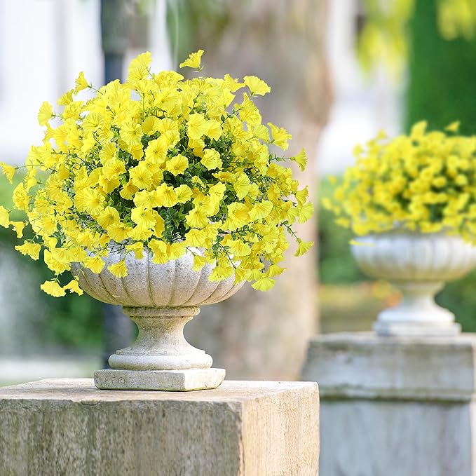 Artificial Flowers for Outdoors 12 Bundles Realistic Faux Plants UV Resistant Fake Silk Morning Glory with Eucalyptus for Front Door Planter Patio Porch Outside Spring Summer Decoration (Yellow)