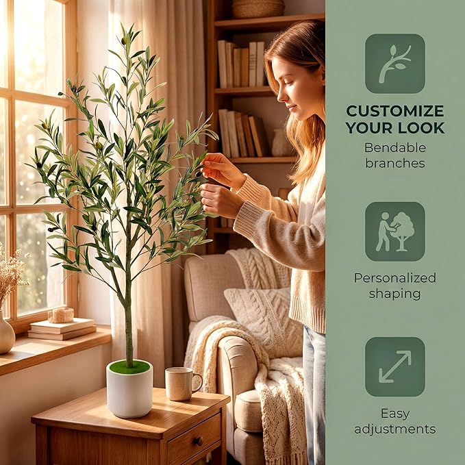 Fake Olive Tree 4ft with White Pot Realistic Trunk and Fruit Faux Olive Tree,Faux Trees Indoor Perfect for Home Office Living Room Décor