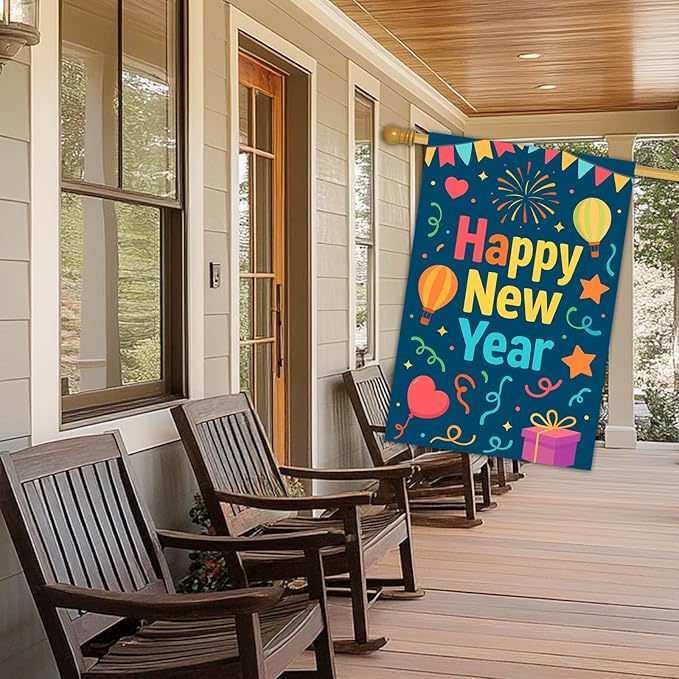 Happy New Year House Flag 28x40 Inch Double Sided Garden Flag Hot Air Balloon Gift Box and Confetti Design Winter Holiday Yard Banner Large Outdoor Flag for Porch Lawn Home Decoration