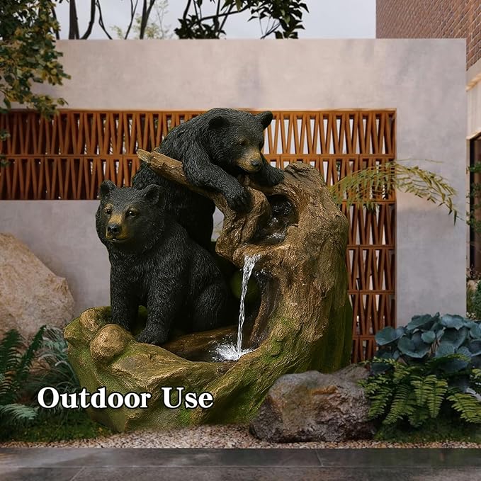 22'' Outdoor Bear Fountain with LED Lights – Wildlife Water Feature for Garden, Patio, Yard, or Porch – Durable Polyresin Animal Waterfall Decor – Rustic Brown & Black Finish