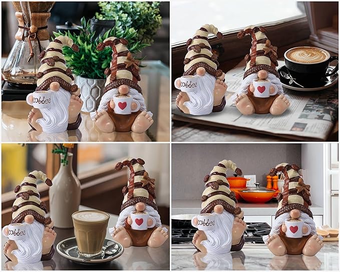 2PCS Coffee Gnomes Figurines Valentines Day Decorations Valentines Gifts Coffee Bar Accessories Decor Elfs Statue Cute Resin Housewarming Gifts for Women Tiered Tray Table Ornament,Sit 4.7H