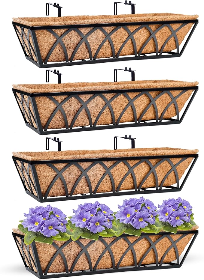 HFHOME 24 inch Window Deck Rail Planter with Coco Liner, 24" Dia Window Box Trough with Coconut Coir Liners, Black Metal Hanging Flower Planter Basket for Indoor Outdoor Lawn - Set of 4