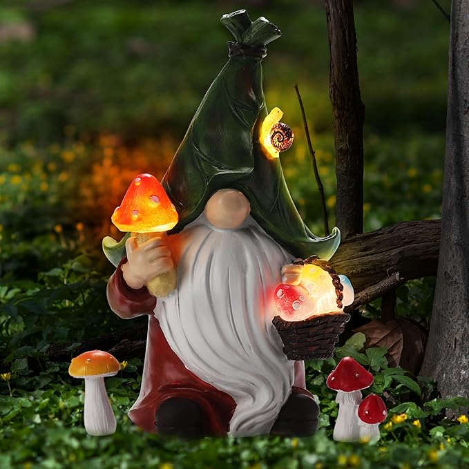 ZhiYo-GD Mushroom-Picking Gnome Solar Garden Statue with 3 LED Lights, Set with 1 Gnome and 2 Small Mushroom, Lovely Garden Gnome Set for Patio, Yard, Lawn Ornament, Outdoor Christmas Decor