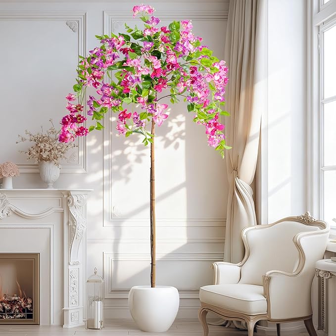6FT Artificial Bougainvillea Tree Artificial Tree Tall Potted Fake Bougainvillea Trees for Outdoor Indoor Lifelike Potted Faux Plants with Wood Trunk and Flowers Office Wedding Home Decor