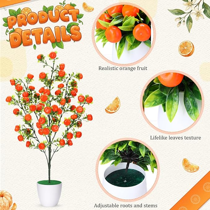 2 Pack Artificial Orange Potted Plants 21.65 Inches Fake Orange Tree Simulation Realistic Fruit Plant with Pot Faux Tree Indoor Decoration for Home Office Living Room Table Desk