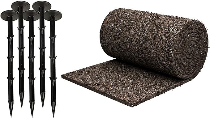 Black Rubber Mulch Border for Landscaping, 6' L x 22'' W Roll, Natural-Looking Permanent Garden Barrier for Plants, Vegetables, and Flowers, Recycled and Sustainable, 16 Plastic Anchors Included
