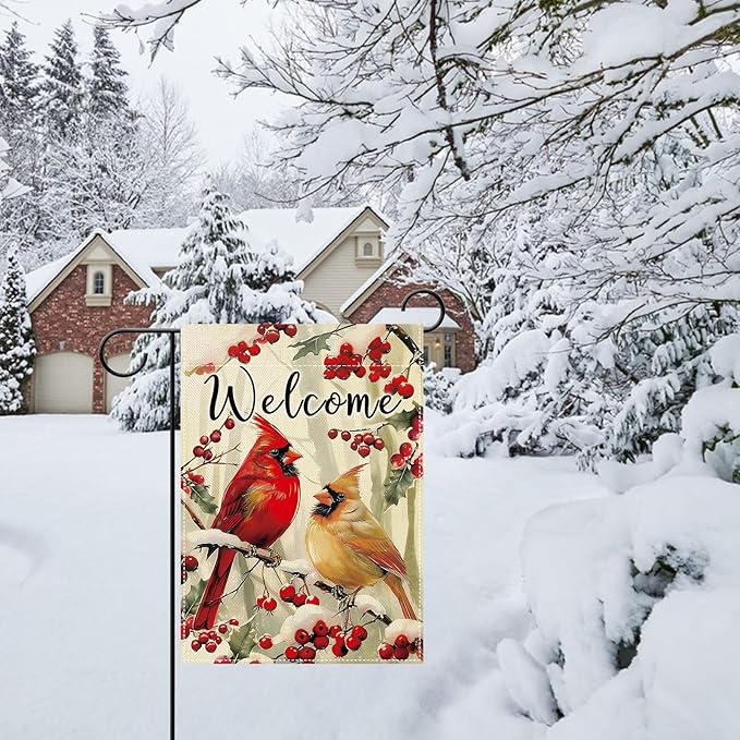 Artofy Welcome Winter Cardinal Small Decorative Garden Flag, Snowy Red Birds Holly Berry Branches Yard Lawn Outside Decor, Christmas Seasonal Burlap Outdoor Home Decoration Double Sided 12 x 18
