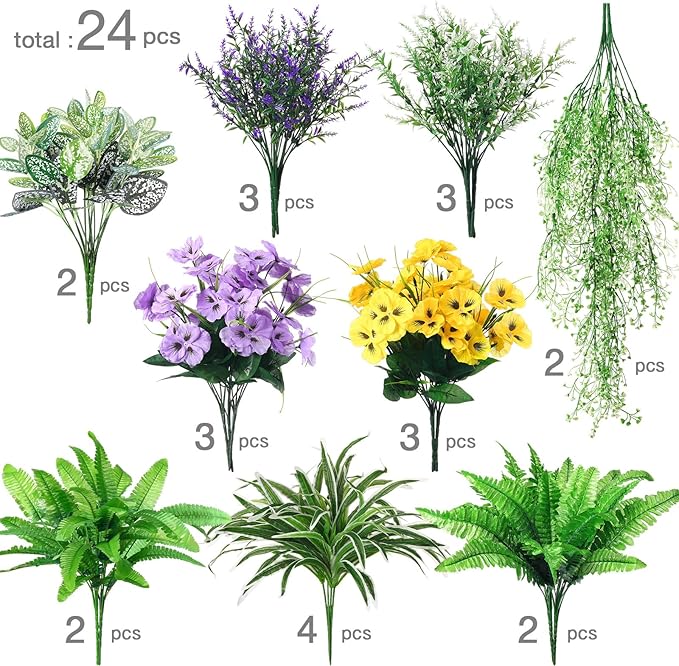 24 Pcs Outdoor Artificial Plants UV Resistant Faux Plant Fake Greenery Stems Faux Shrubs Flower for Outside Hanging Front Porch Patio Garden Window Box Home Wedding Summer Spring Decor(Green Purple)
