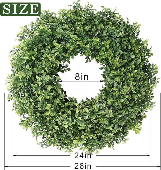 26" Artificial Boxwood Wreath for Front Door - Large Faux Aglaia Odorata Wreath, Fake Eucalyptus Leaves Plants for Wall Window Farmhouse Outdoor Decor - Spring, Summer, All Seasons (Green)