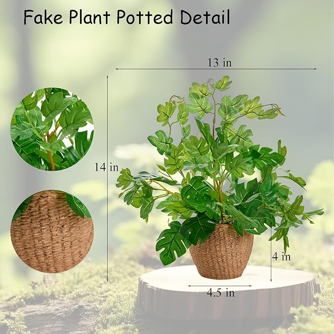 Arbolanta 14'' Decorative Faux Monstera Plant Potted in Yellow Woven Ceramic Planter Realistic Fake Greenery Artificial Plant for Home Office Bathroom Kitchen Bedroom Tabletop Decor