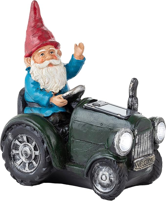 Alpine Corporation WQA1378SLR-GN Outdoor Garden Gnome Riding Green Tractor Solar Yard Statue Decoration with LED Lights, 10"