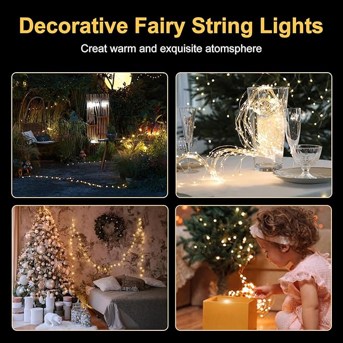 Fairy Lights Battery Operated String Lights 16.4ft 50LED Flashing and Constant Light Waterproof Silver Wire for Christmas DIY Party Wedding Decoration(Warm White, 4 Pack)