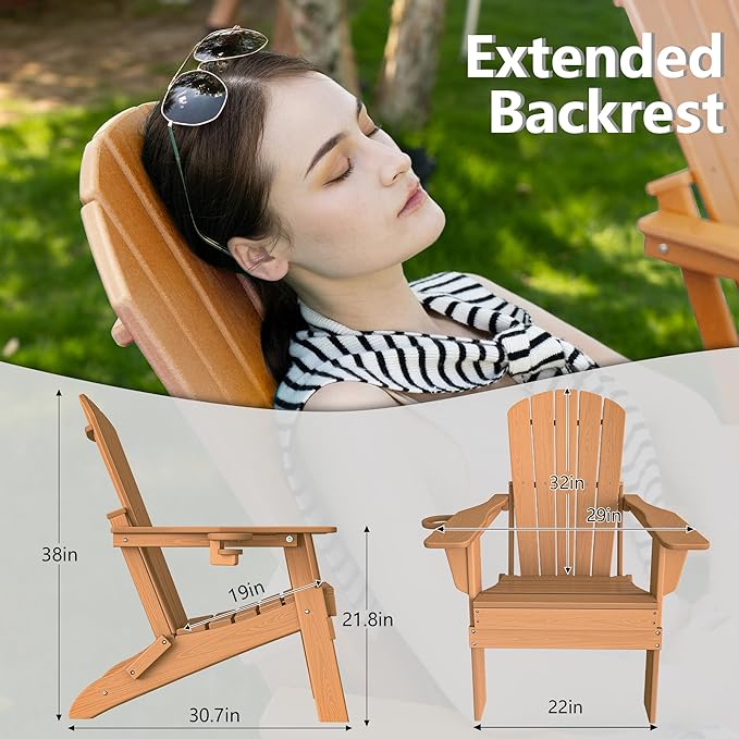 Plawdlik Folding Adirondack Chair Set of 2,Cup Holder,SGS Tested, Wooden Textured,Heavy All-Weather HDPE Comfortable Set,Poolside Backyard Lawn Use,Teak