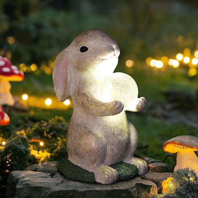 Solar Garden Statue Rabbit Outdoor Decor, Bunny Figurines with Solar Lights, Yard Decorations for Patio Balcony Yard Lawn Ornament - Unique Birthday Easter Housewarming Gifts for Women, Mom, Grandma