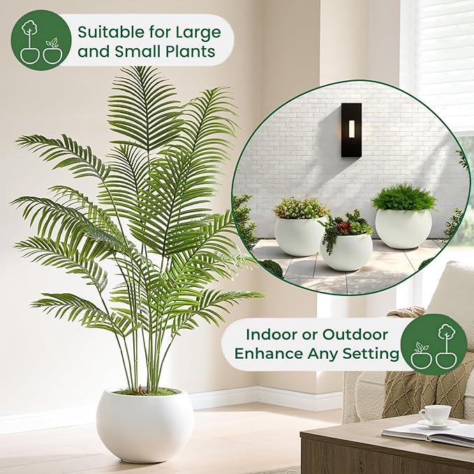 FloraFairy Fiberstone Sphere Planter, 15.8" Dia Round Flower Pot with Drainage Hole and Removable Plug, Plant Pot for Indoor Outdoor Use, 11.8" Opening-10.9" H Medium, White