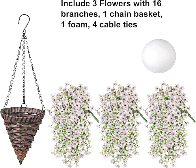 HyeFlora Artificial Hanging Flowers Basket for Outdoor, Fake Flowers Faux Plants Look Real for Yard Gardens Porch Patio Home (White)