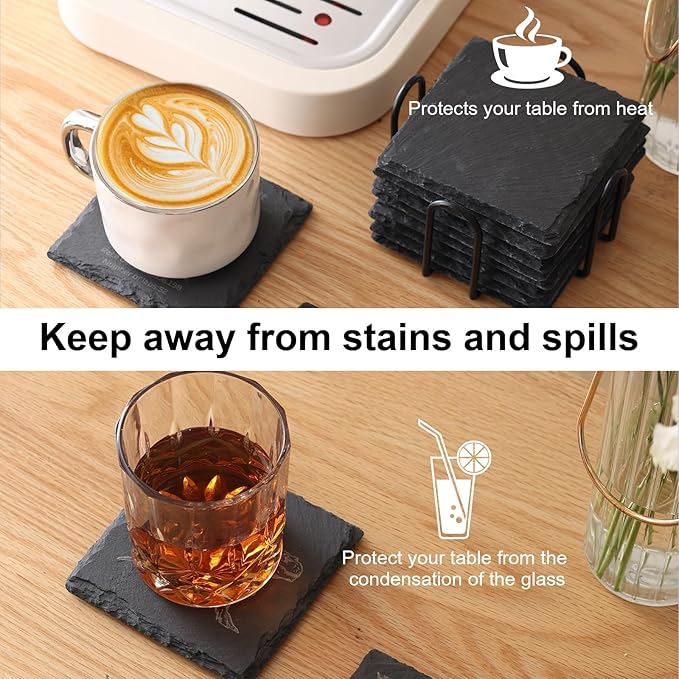 Slate Coasters Set of24,4-Inch Black Square Stone Drink Coasters with Scratch-Resistant Backing,Durable Tabletop Protection for Home Office Kitchen,Ideal Housewarming Wedding Gifts