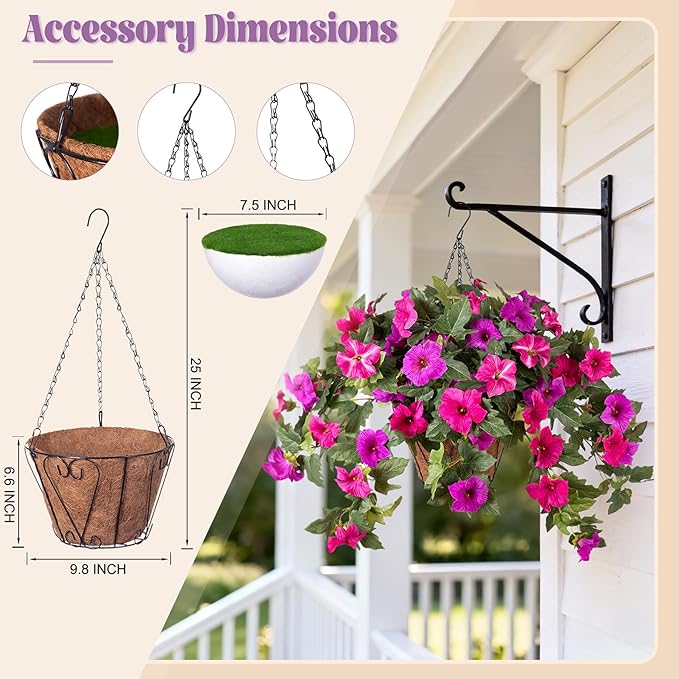 Artificial Petunia Flowers with Hanging Basket for Outdoors, 3 Pcs Fake Hanging Flowers UV Resistant Faux Silk Plants in Basket for Garden Porch Yard Patio Realistic Home Spring Decor(Purple Fuchsia)